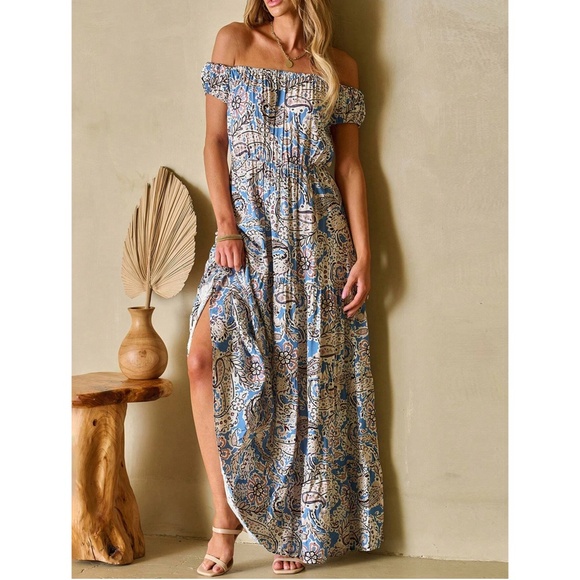 013 Boho Paisley Floral Print Off Shoulder Maxi Dress - Picture 6 of 7